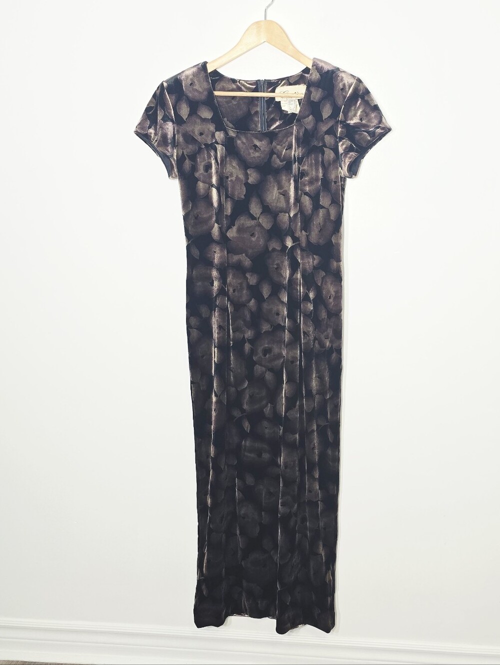 Cartise Vintage Brown Tan Floral Velour Short Sleeve Full Length Dress Sz 12Cad